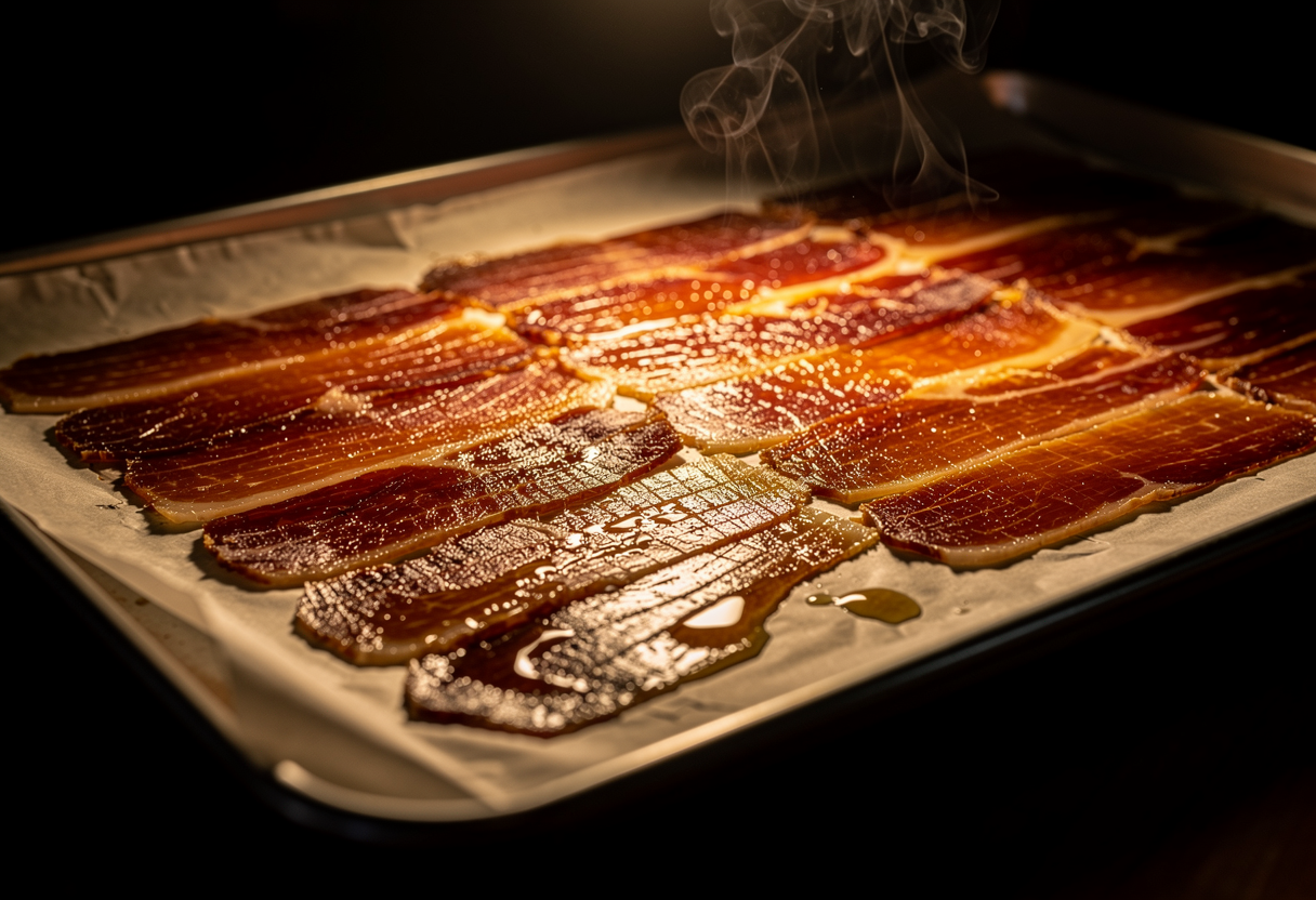 Lonchas de jamón ibérico crujiente translúcido sobre papel de horno con humo