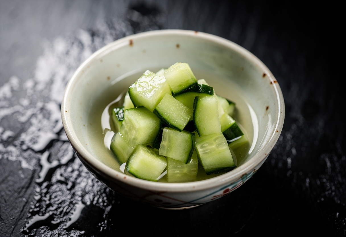 Brunoise de pepino encurtido en vinagre de arroz en cuenco japonés sobre pizarra