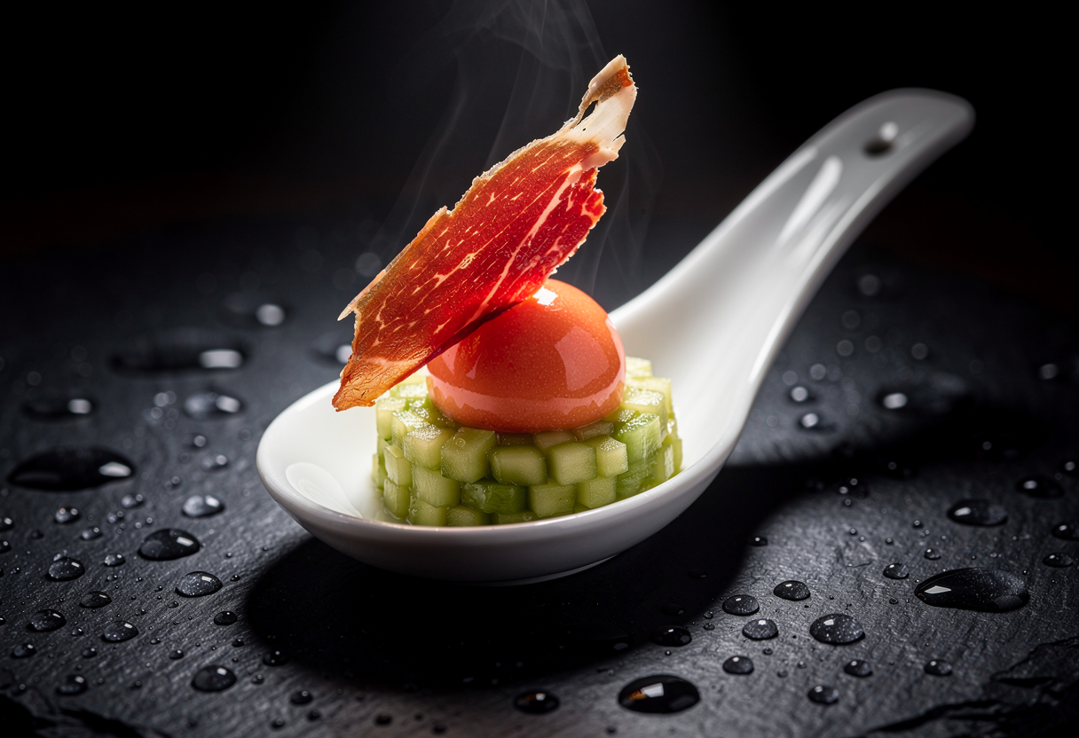 Esfera de gazpacho andaluz cristalino en cucharilla, sobre brunoise de pepino encurtido y con jamón ibérico crujiente.