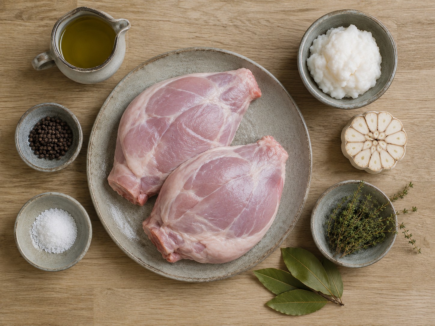 Ingredientes: espaldas de cabrito lechal, manteca, ajos, tomillo, laurel y pimienta