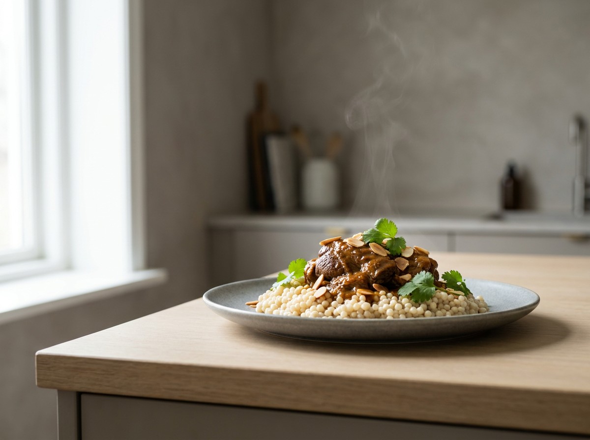Espaldilla de cordero al ras el hanout en plato de cerámica gris piedra: carne melosa en salsa especiada sobre cuscús perlado, con cilantro y almendra.