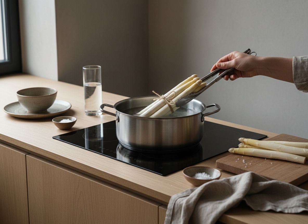 Ata los 12 espárragos en un manojo flojo con hilo de cocina, dando dos vueltas por debajo de las puntas y otras dos