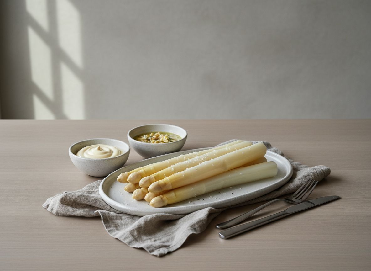 Espárragos blancos de Navarra gruesos y cocidos servidos en fuente de cerámica blanco hueso, con dos cuencos de salsas: mahonesa y vinagreta de huevo picado