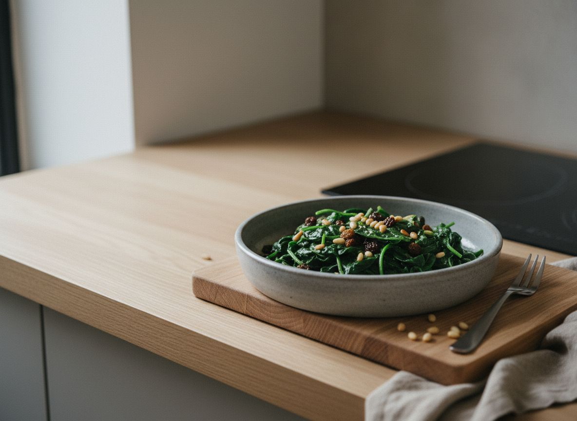 Espinacas verdes salteadas con pasas melosas y piñones dorados, brillantes de aceite, en fuente de cerámica gris piedra