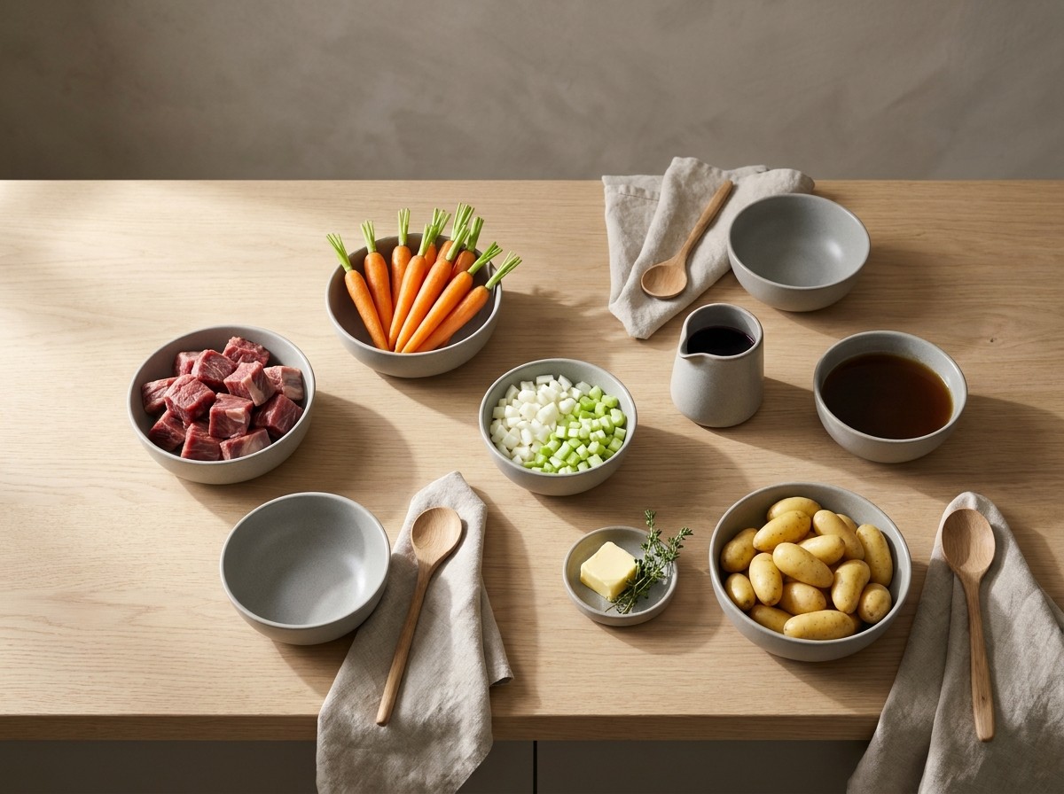 Ingredientes del estofado: morcillo en dados, zanahorias baby, sofrito, vino tinto y patatas Ratte