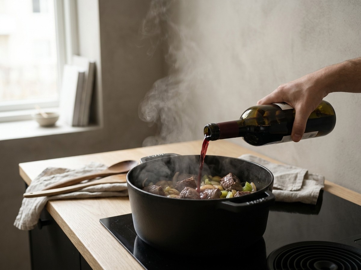 Vino tinto desglasando el sofrito en la cocotte