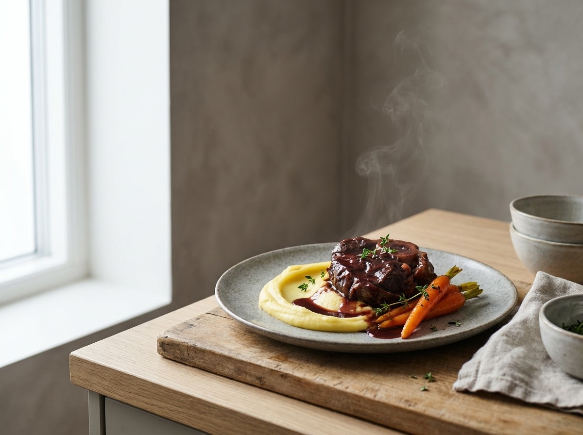 Estofado de morcillo en plato de cerámica gris piedra: carne braseada melosa sobre puré amarillo de patata Ratte, con zanahorias baby glaseadas y salsa oscura.