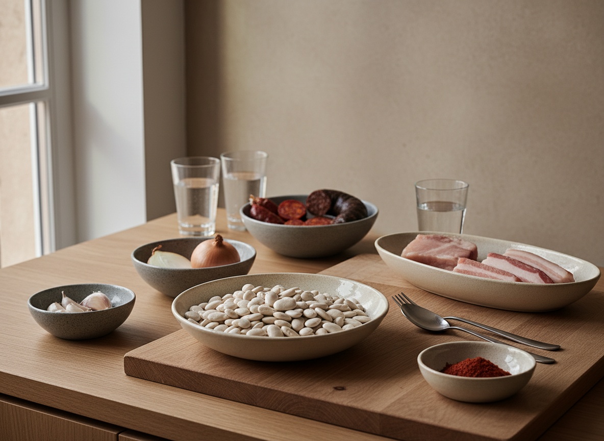 Ingredientes de la fabada vistos de lado sobre mesa de roble: fabes de la Granja, chorizo y morcilla asturianos, lacón, panceta, cebolla, ajos y pimentón, con luz natural por la izquierda