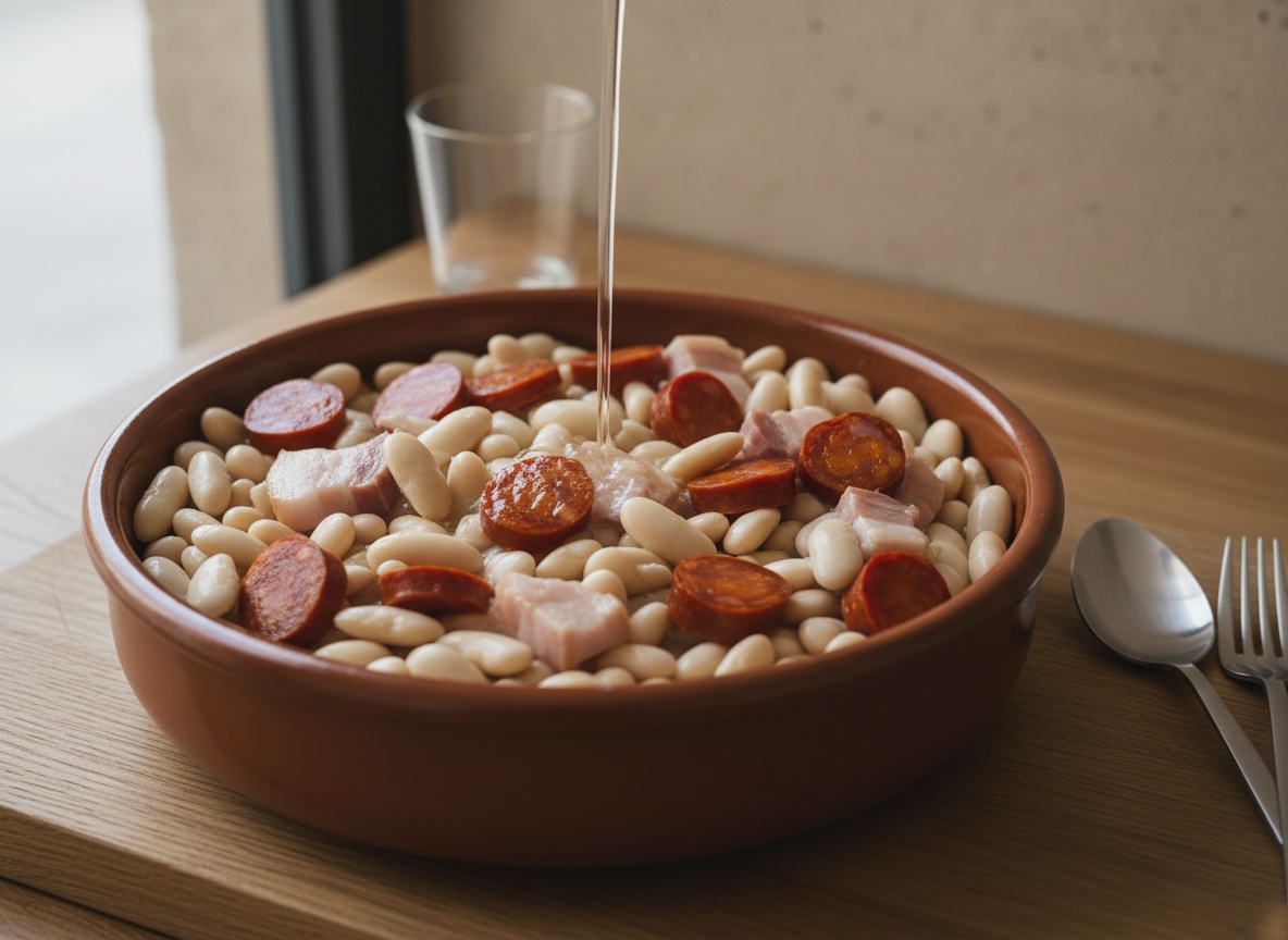 Fabes escurridas junto al chorizo, el lacón y la panceta en la cazuela de barro, cubiertos con agua fría