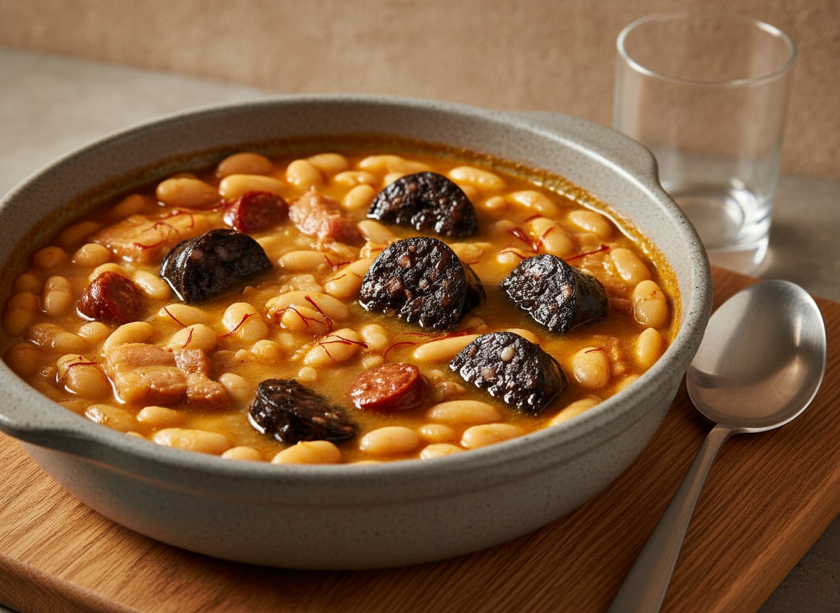 Incorporando la morcilla y el azafrán al guiso en la última fase de cocción