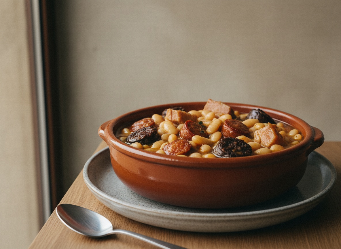 Cazuela de barro con fabada asturiana de caldo meloso y fabas blancas y enteras, con el compango de chorizo, morcilla y lacón troceado, sobre mesa de roble con luz natural entrando por la izquierda