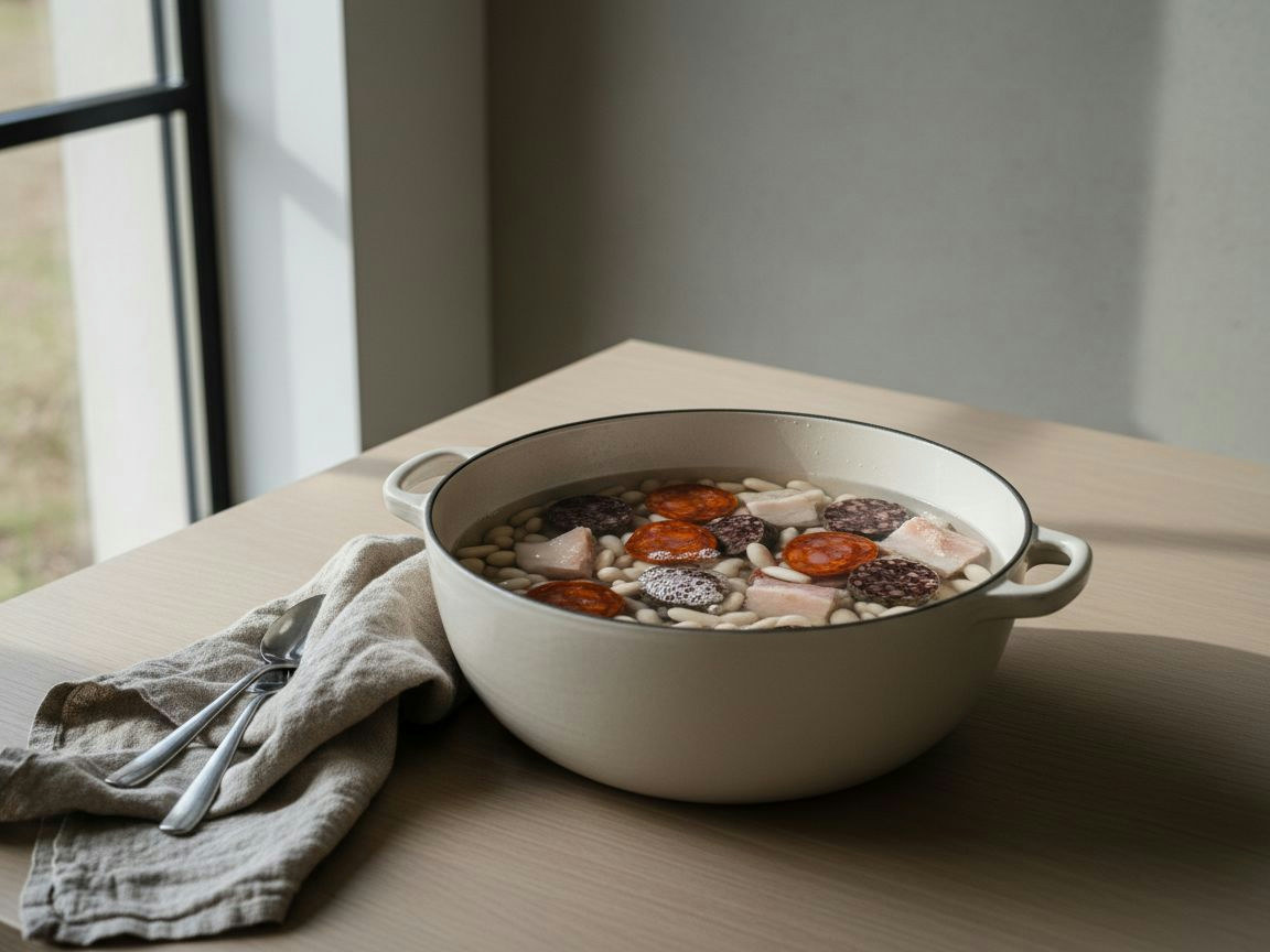 Olla de fondo grueso con las fabes escurridas en una capa y el compango encima, cubiertas con agua fría antes de arrancar la cocción