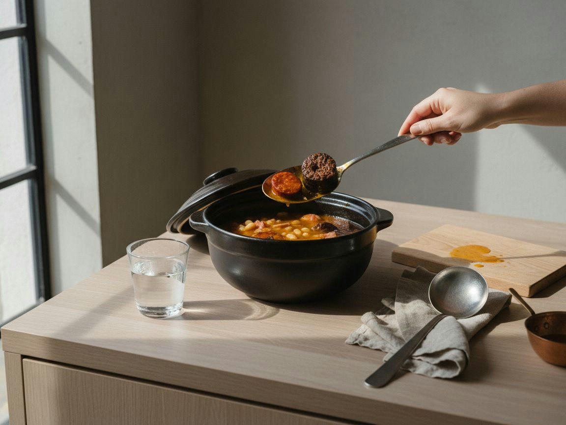 Chorizo y morcilla ahumada retirados del guiso a los noventa minutos y reservados en un plato blanco