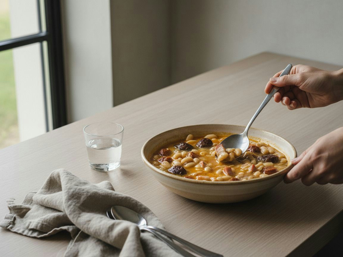 Caldo de la fabada ya ligado y ambarino, con las fabes enteras y brillantes tras el reposo