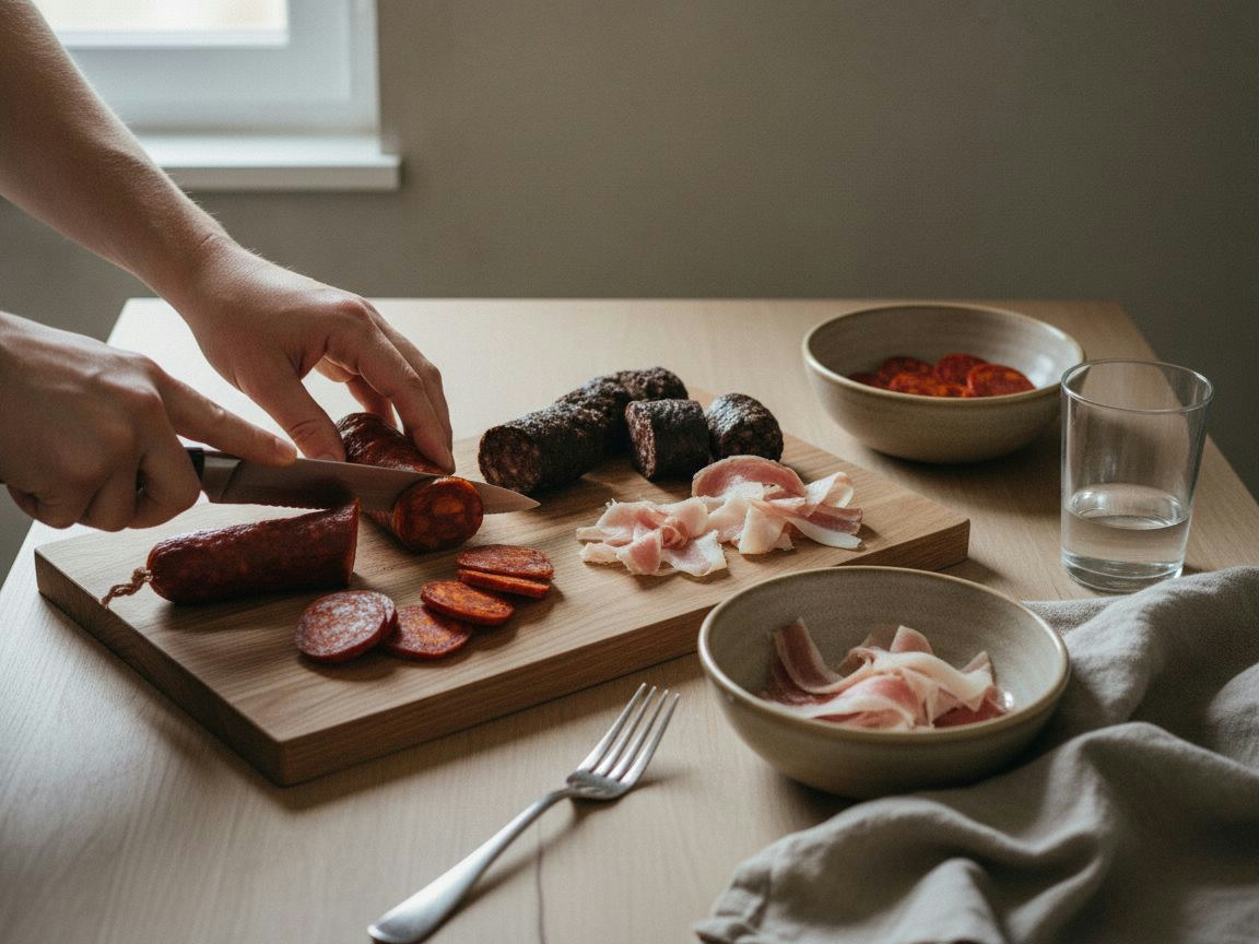 Tabla de madera con el compango recién cortado: rodajas de chorizo y morcilla en diagonal, lascas de lacón y tacos de panceta
