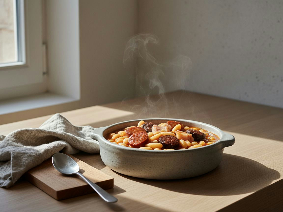 Cazuela de barro con fabada asturiana cremosa, las fabes blancas enteras asomando en el caldo ambarino y encima rodajas de chorizo, morcilla ahumada, lascas de lacón y tacos de panceta.