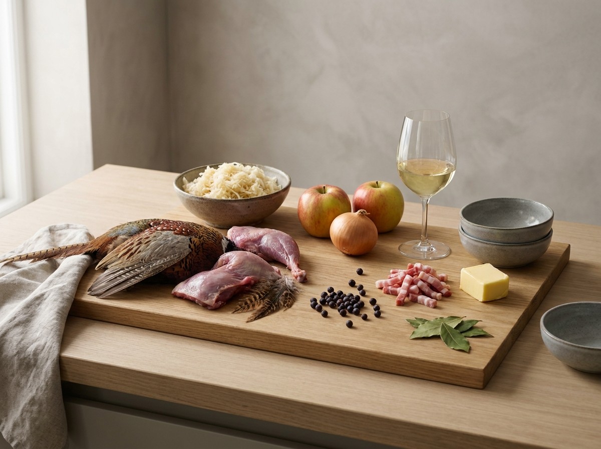 Ingredientes: faisán troceado, chucrut, manzana, cebolla, vino de Alsacia y enebro
