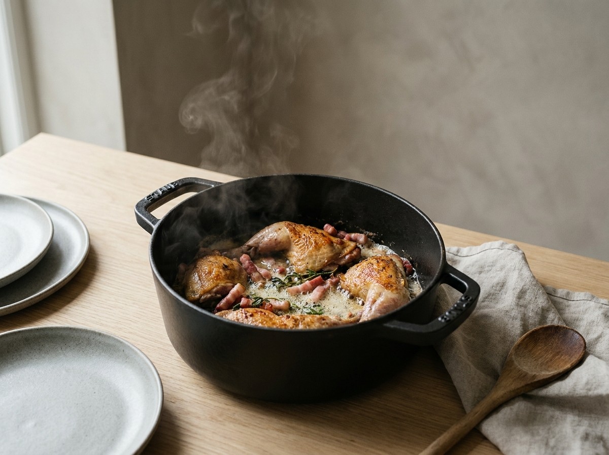 Faisán y panceta dorándose en la cocotte