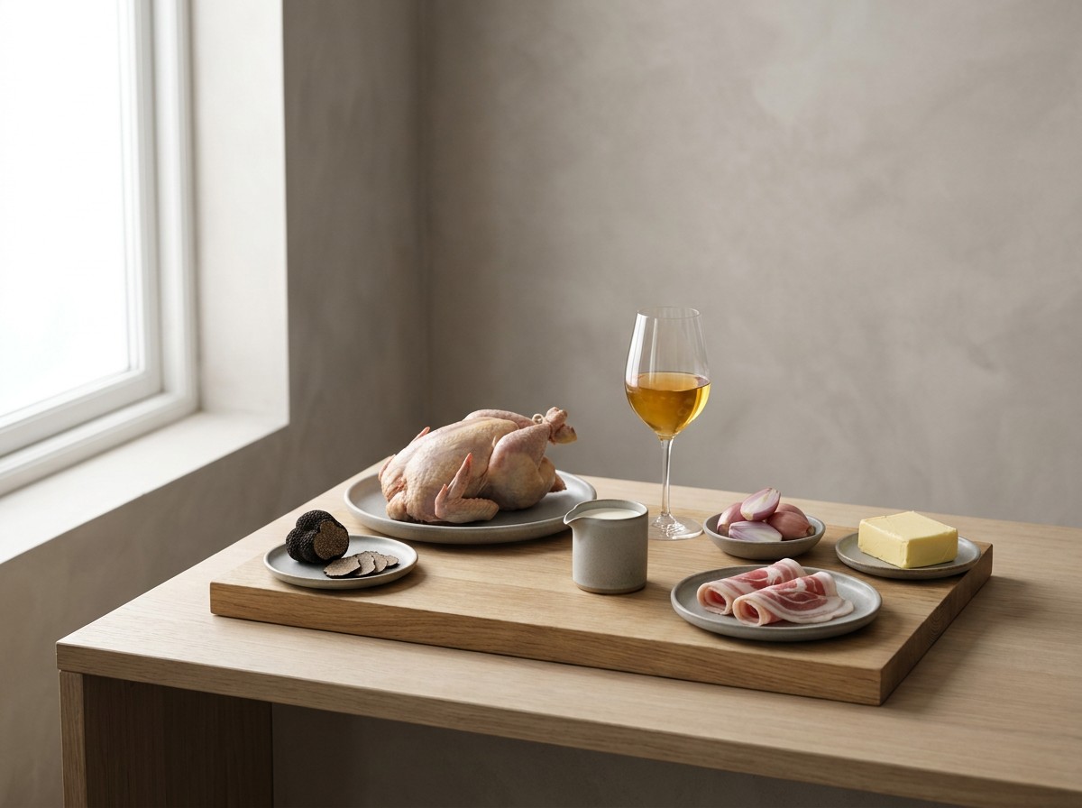 Ingredientes: faisán, trufa negra, vino amarillo, nata, chalota y panceta