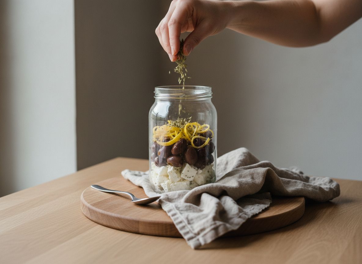 Monta el tarro por capas: un tercio de los dados de feta en el fondo, encima un tercio de las aceitunas, unas tiras