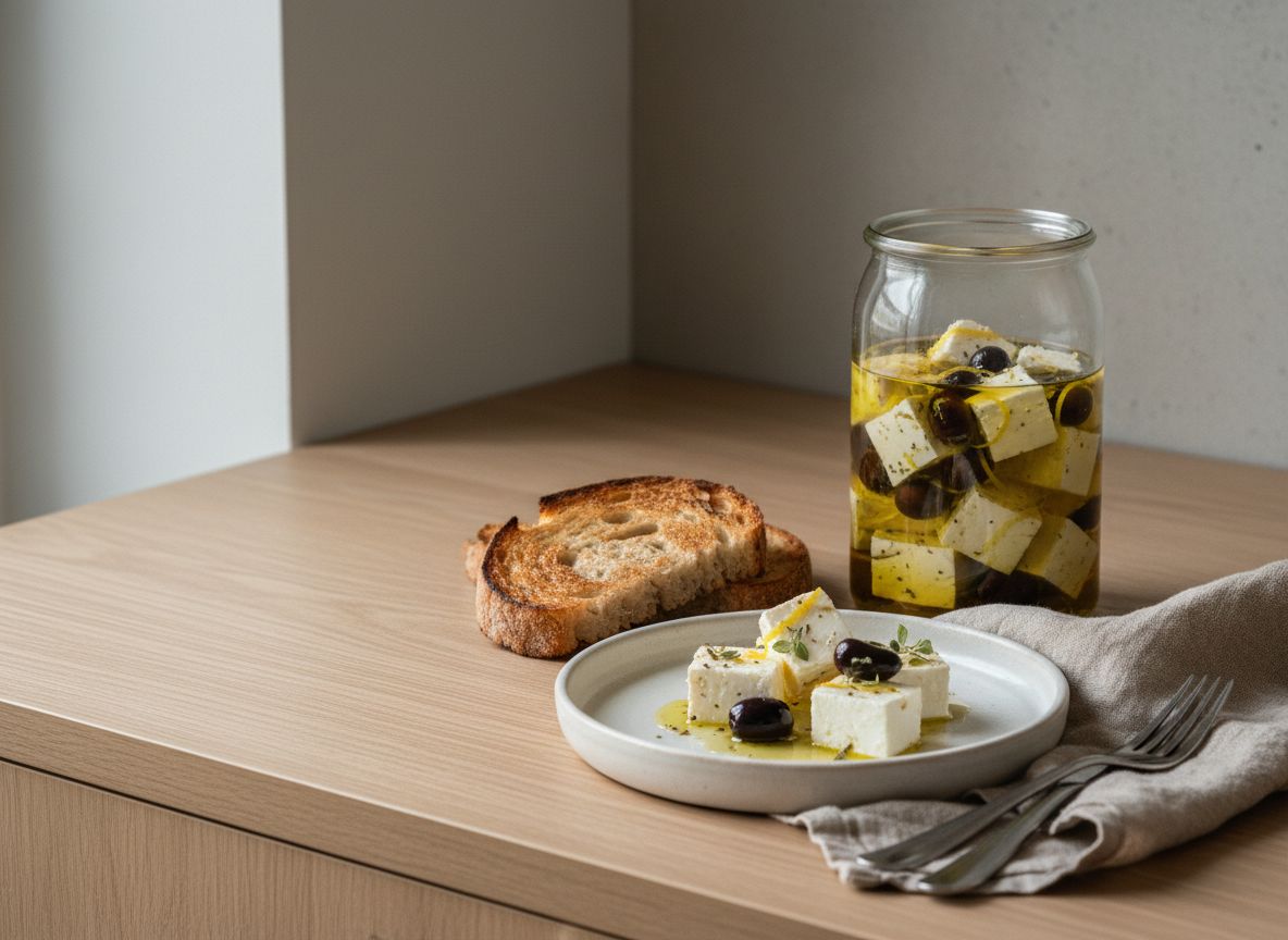 Tarro de cristal con dados de feta marinados en aceite dorado con aceitunas Kalamata, piel de limón y orégano, algunos dados servidos con pan tostado en plato blanco hueso