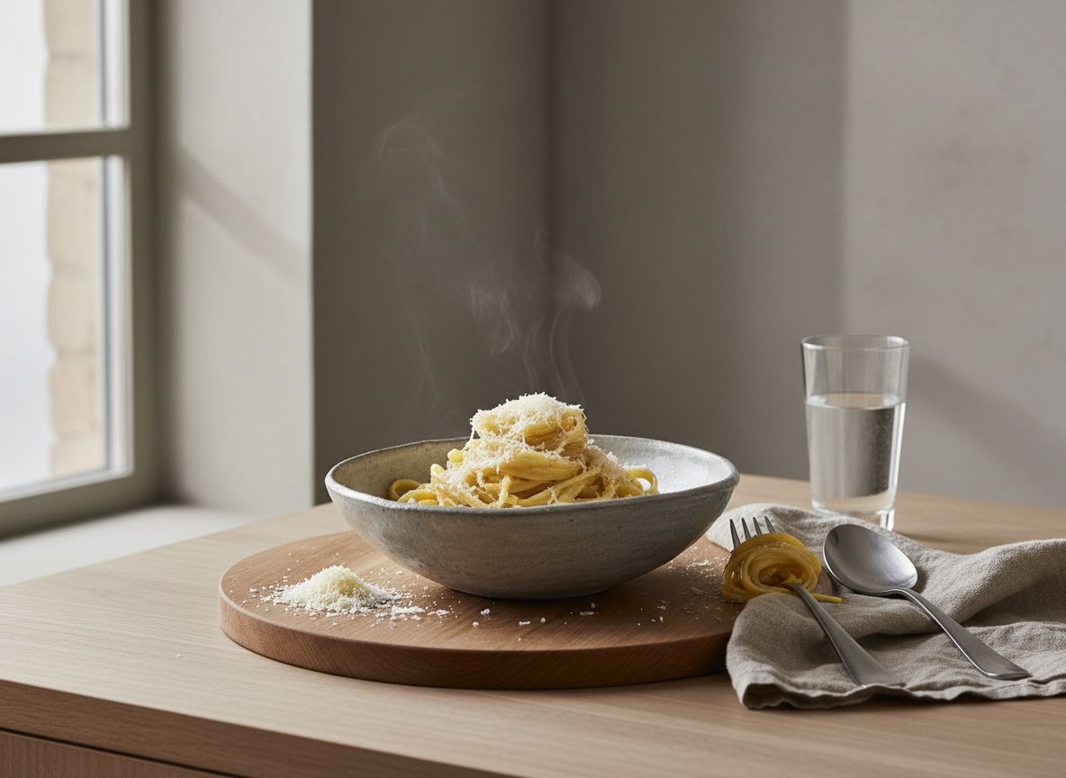 Fettuccine Alfredo enrollados en un cuenco de cerámica gris piedra, con salsa sedosa y brillante de mantequilla y parmesano y un ligero vapor, luz natural suave desde la izquierda.