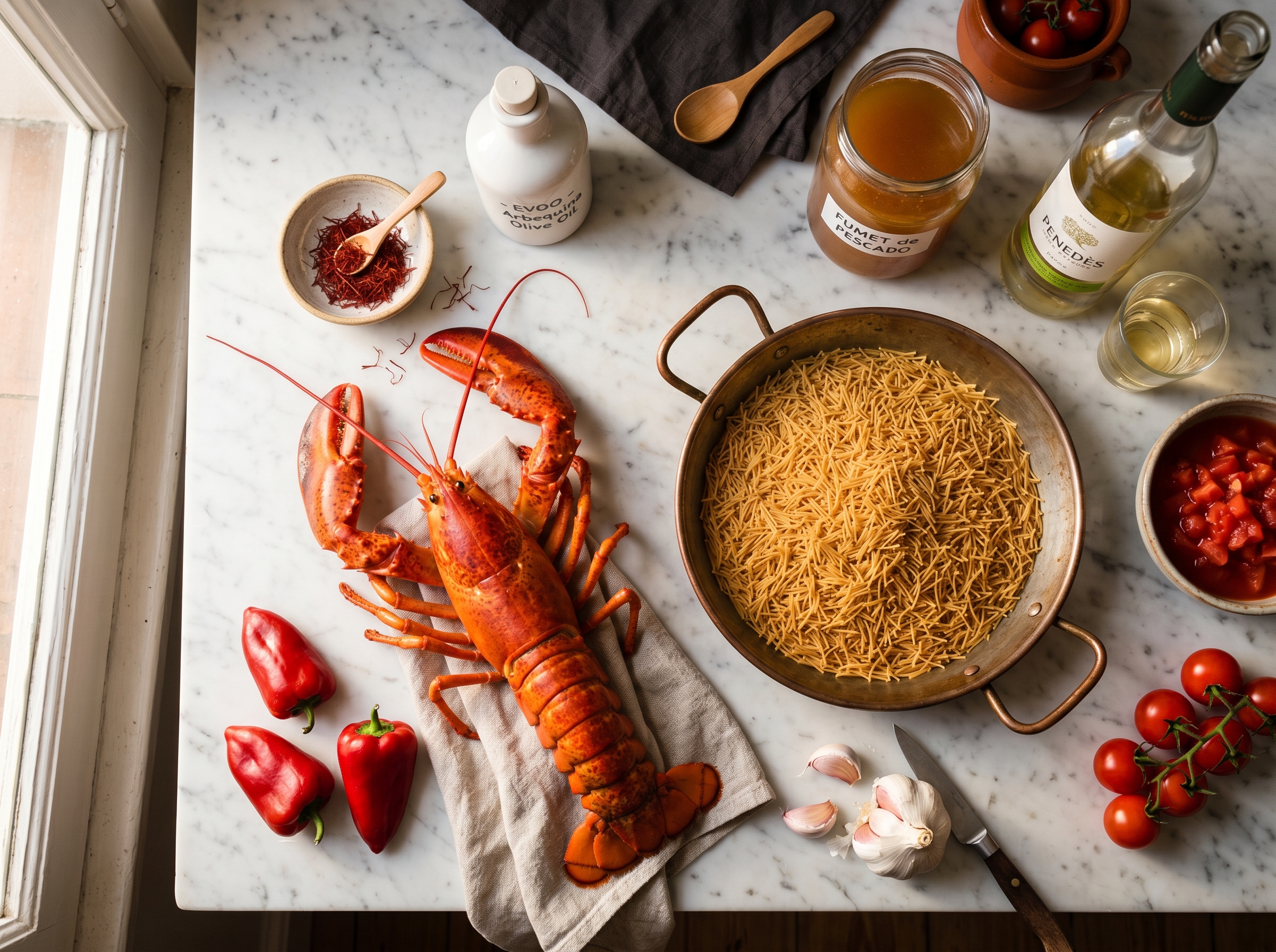 Flat lay ingredientes de la fideuà de bogavante