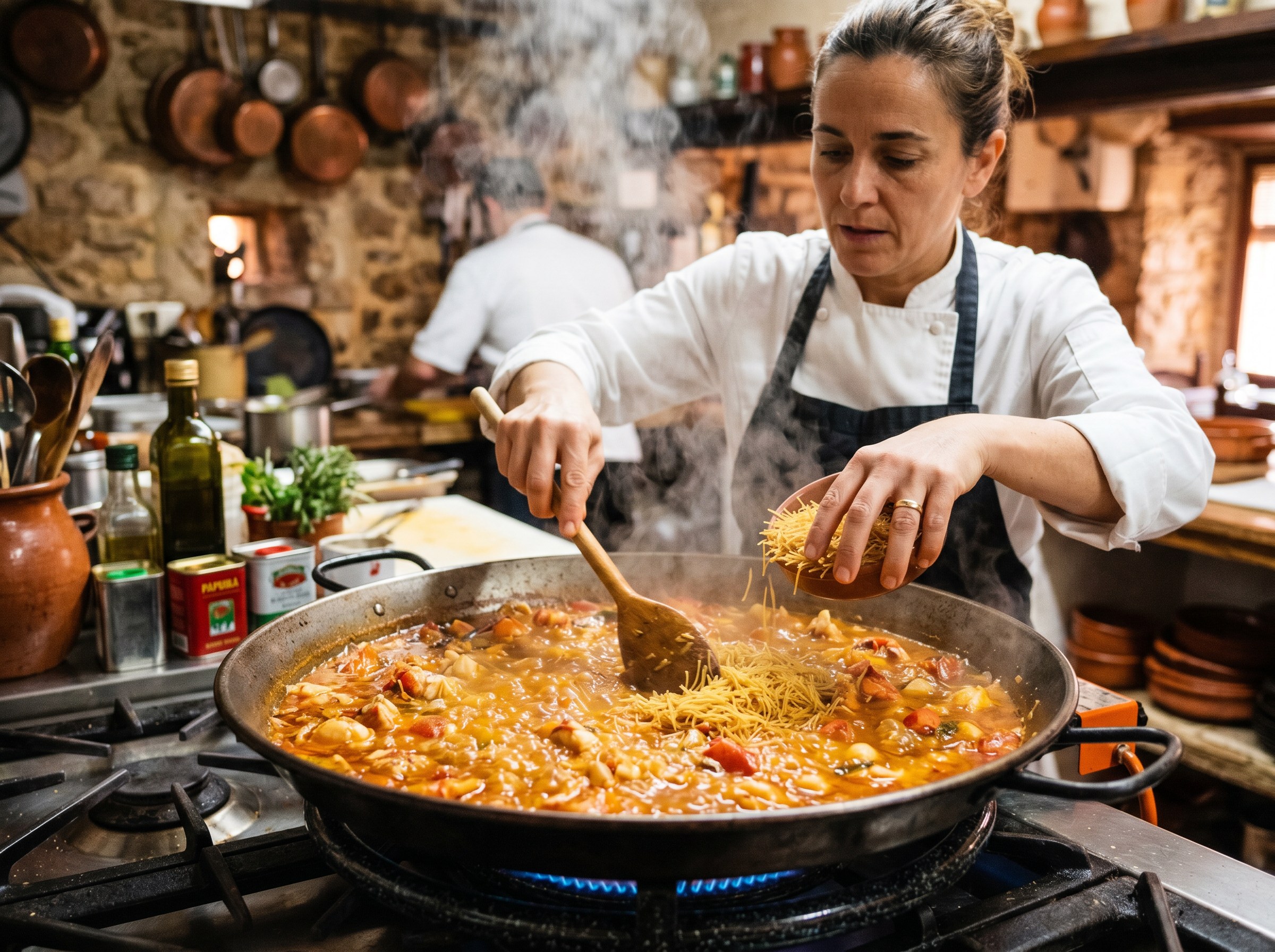 Fideos finos añadiéndose al sofrito de bogavante con azafrán