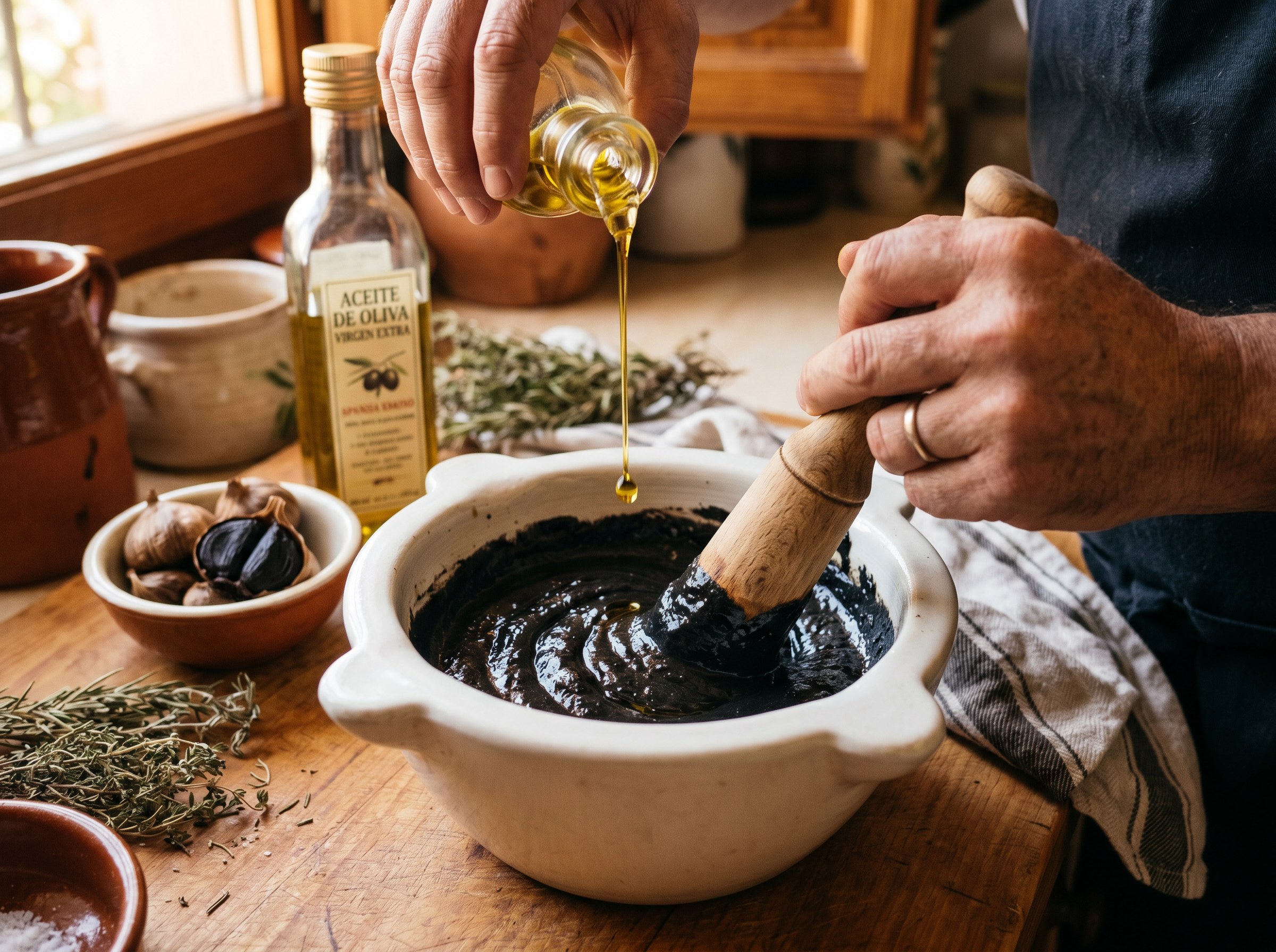Alioli de ajo negro siendo emulsionado en mortero