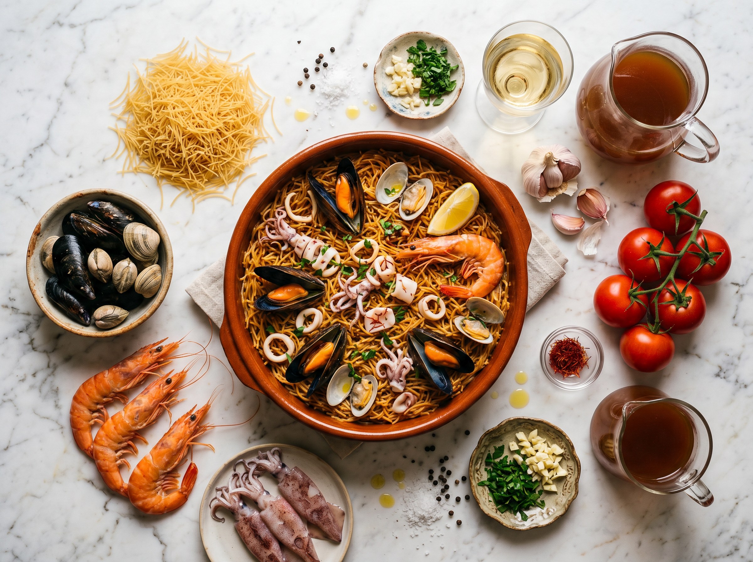Mise en place: fideuà terminada en paellera rodeada de fideos crudos, gambas rojas, mejillones, calamar, tomates, ajo, azafrán, caldo y vino blanco sobre mármol