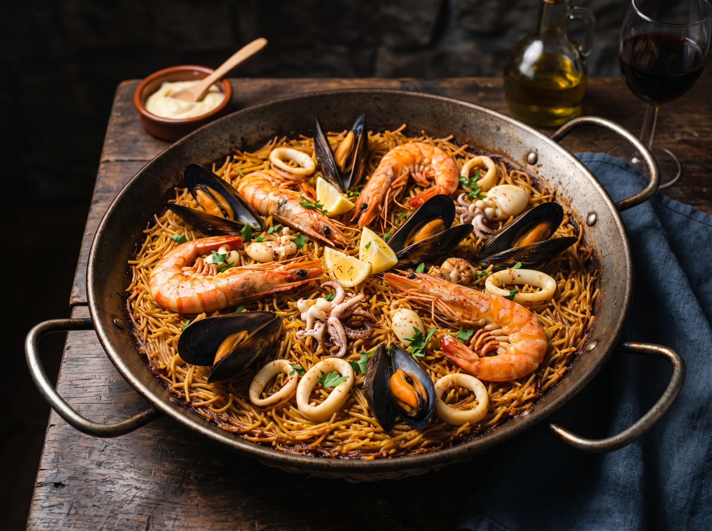 Fideuà de marisco terminada en paellera con gambas, mejillones, calamares y cuñas de limón, alioli al fondo, copa de vino tinto sobre mesa de madera oscura