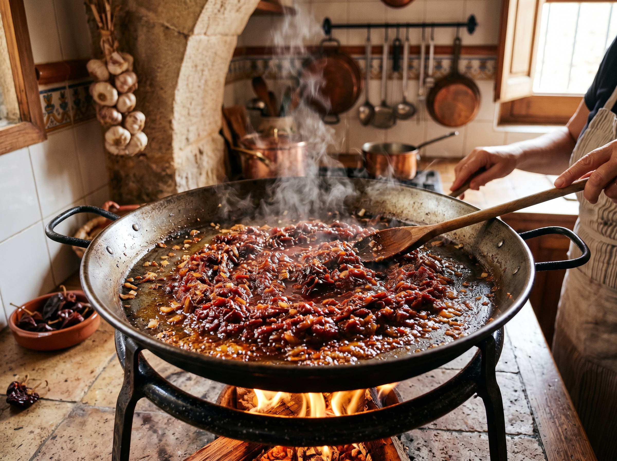 Sofrito valenciano oscuro y concentrado en paellera enorme sobre fuego de leña, mano con cuchara de madera, ñoras secas en primer plano, cocina rústica valenciana