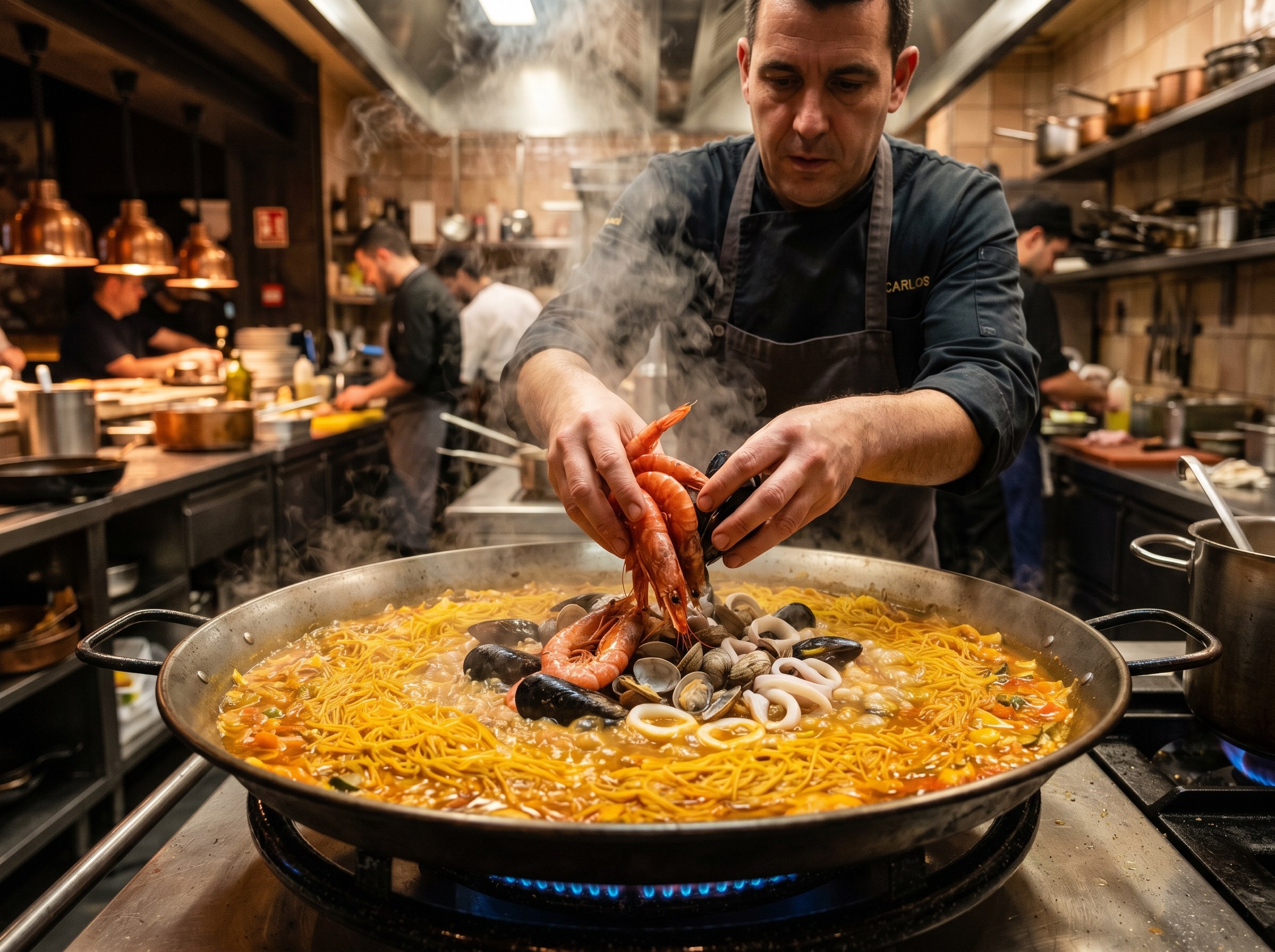 Chef Carlus colocando gambas rojas enteras sobre los fideos en paellera a fuego vivo, mejillones y almejas visibles, cocina profesional de restaurante