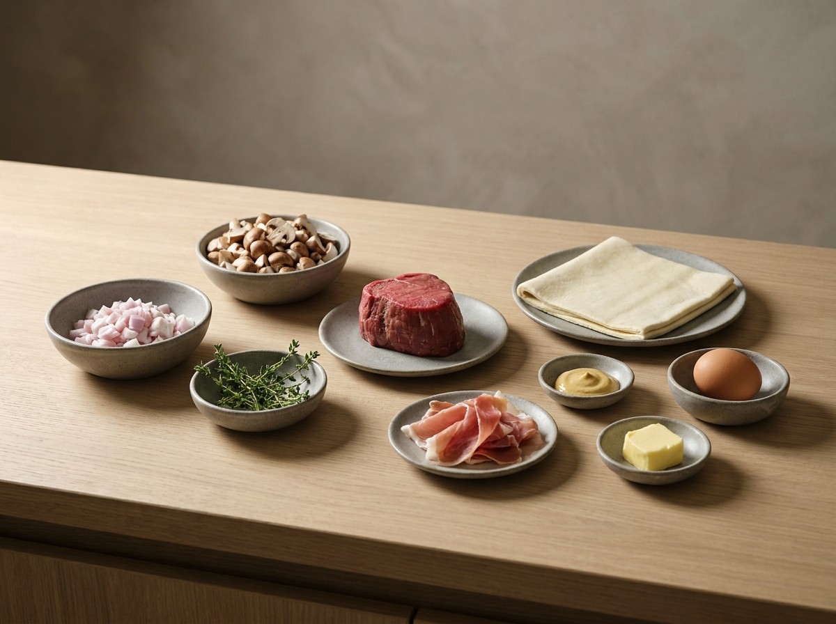 Ingredientes del Wellington: solomillo, champiñones, chalotas, jamón, hojaldre, mostaza y huevo