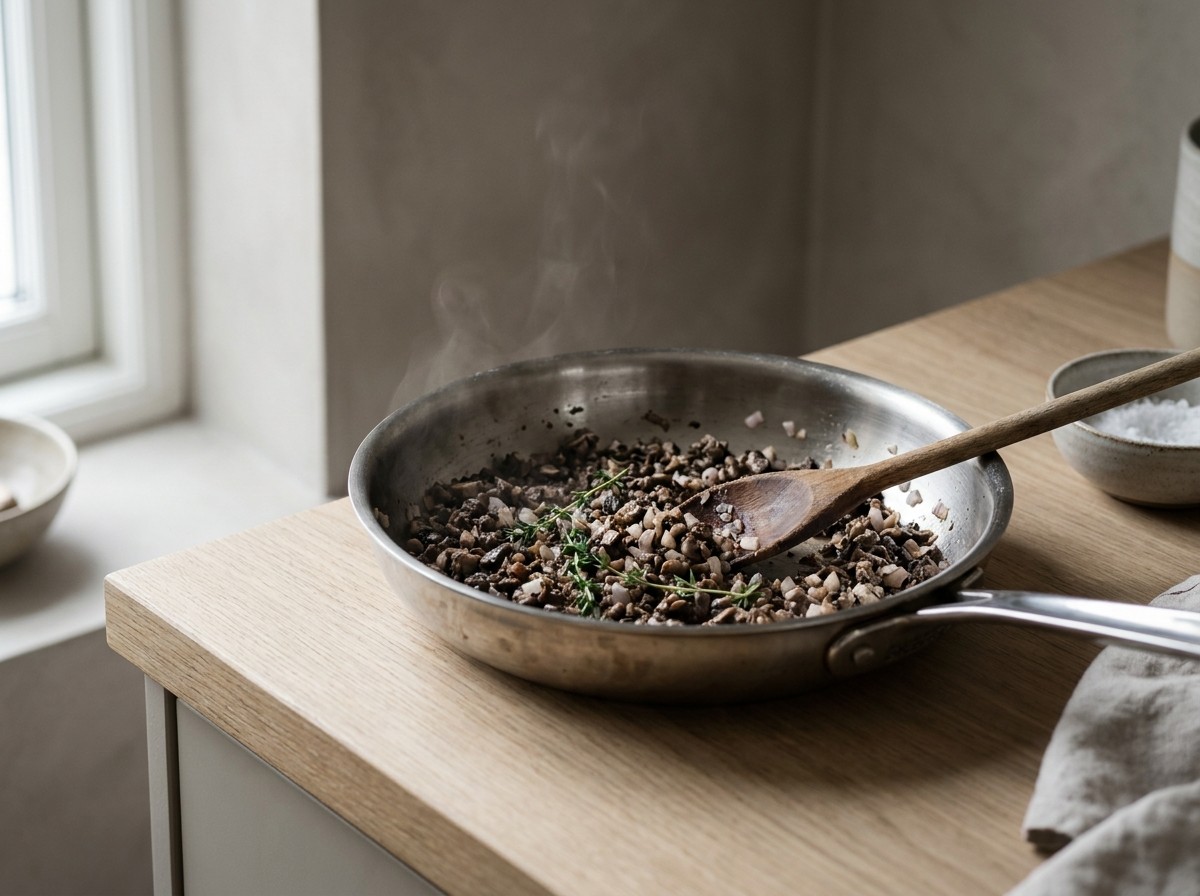 Duxelles de champiñón cocinándose oscura y seca en la sartén