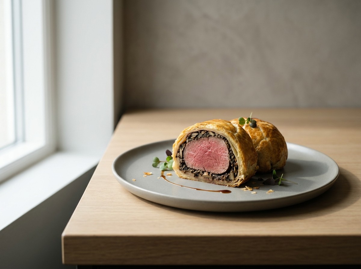 Rodaja de Filete Wellington en plato de cerámica gris piedra: corazón de solomillo rosado rodeado de duxelles oscura dentro de hojaldre dorado y crujiente.