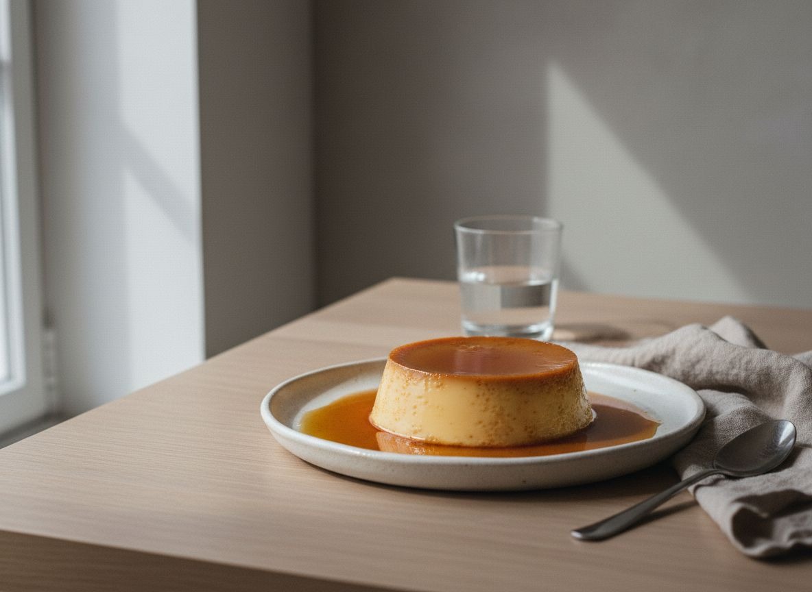 Flan de huevo desmoldado sobre plato, terso y tembloroso, bañado por su caramelo líquido dorado que se desliza por los lados.