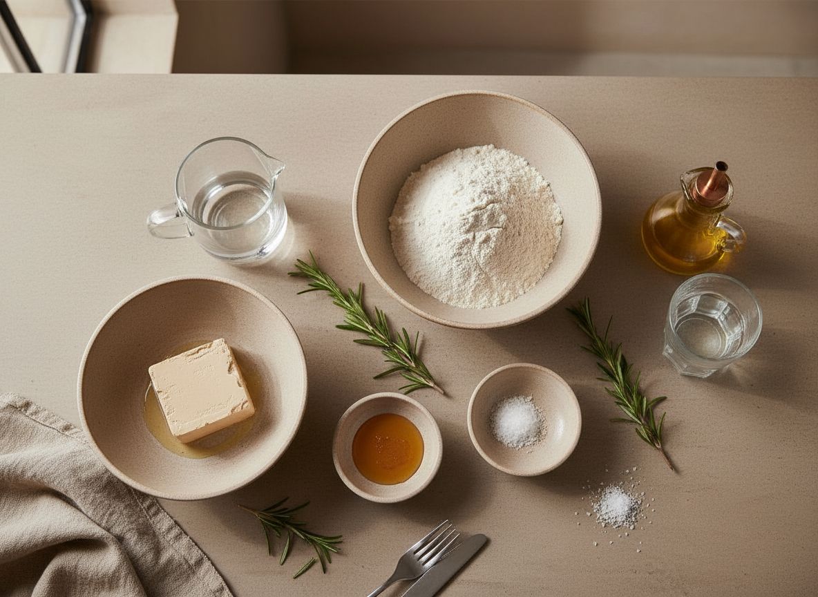 Ingredientes de la focaccia de romero en bodegon cenital: harina, agua, levadura, aceite, sal y romero