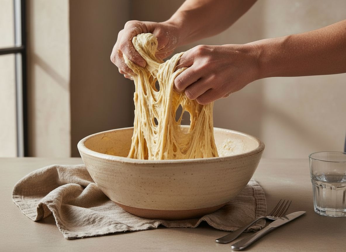 Mezclando a mano una masa de focaccia muy hidratada y pegajosa en un bol de ceramica