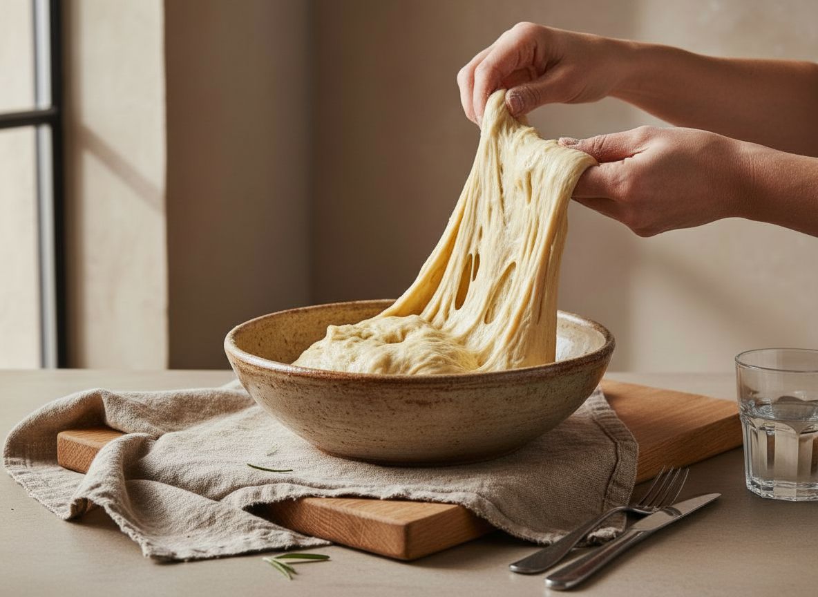 Pliegue de la masa de focaccia levantando un borde dentro del bol