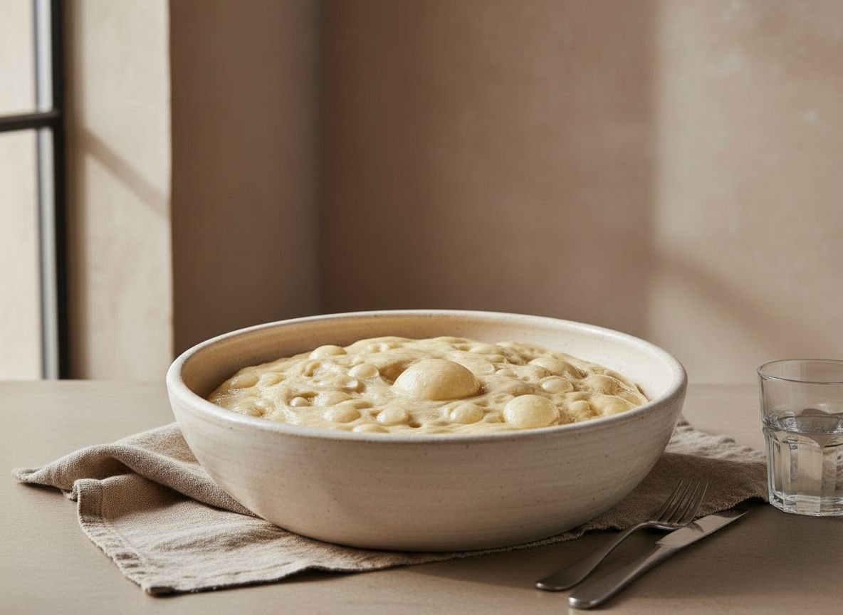 Masa de focaccia fermentada en frio, doblada y llena de burbujas