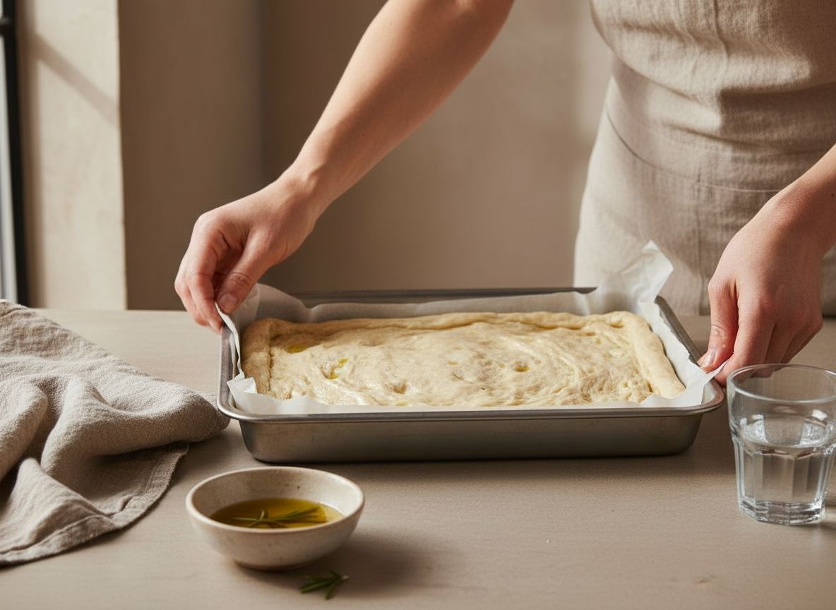 Estirando la masa de focaccia en una bandeja aceitada con las manos