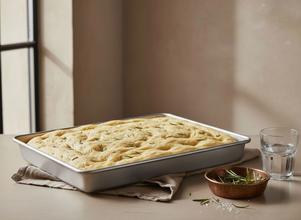 Masa de focaccia levada e hinchada en la bandeja, lista para marcar los hoyos