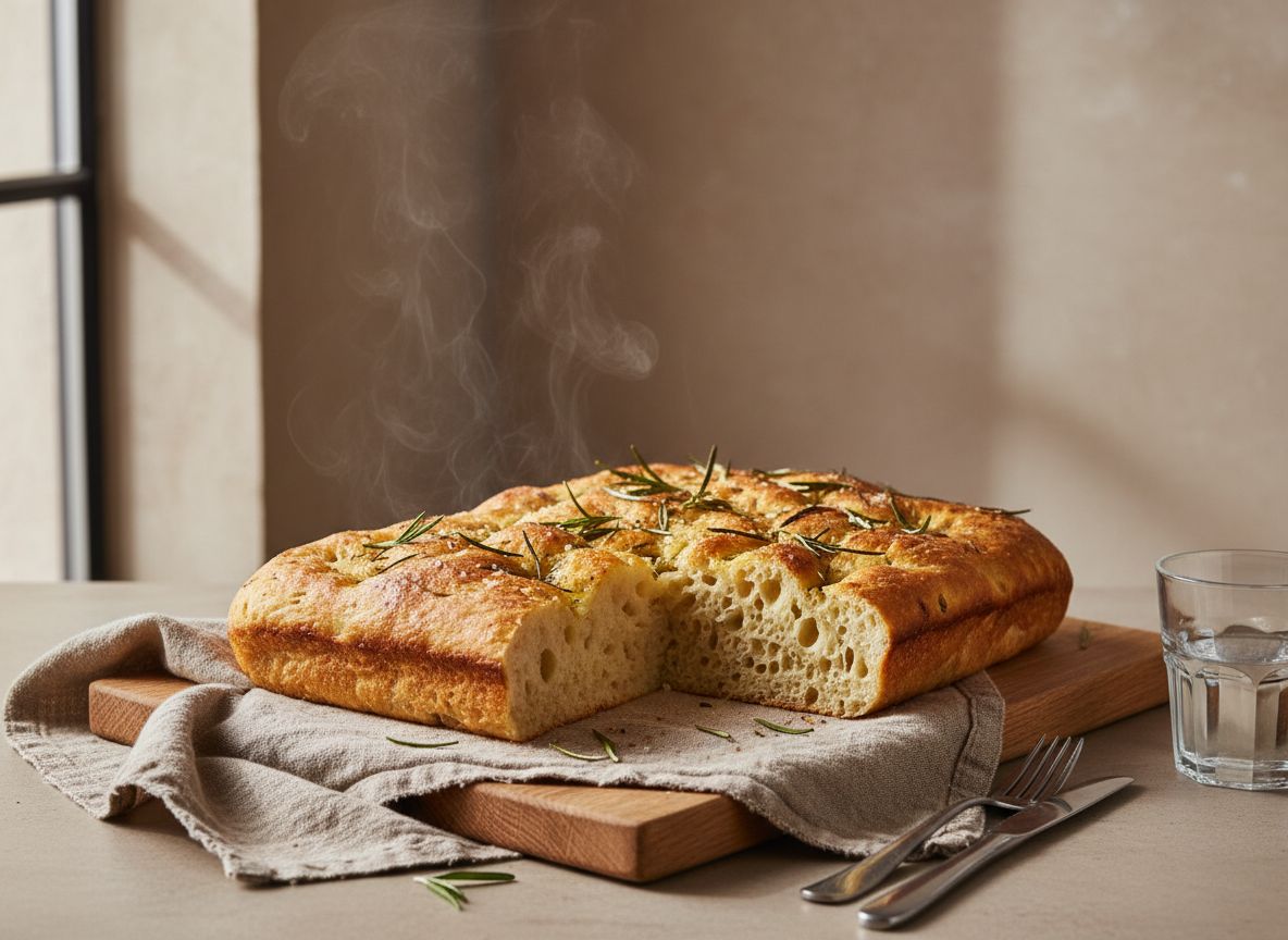 Focaccia de romero recien horneada, dorada y con hoyos brillantes de aceite, sobre tabla de roble