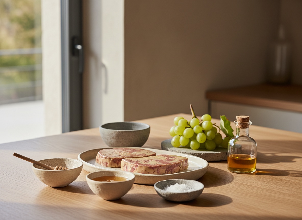 Ingredientes del foie con uvas al moscatel vistos de lado sobre mesa de roble: escalopes de foie, racimo de uvas moscatel, botella de moscatel, miel y sal, con luz desde la izquierda.