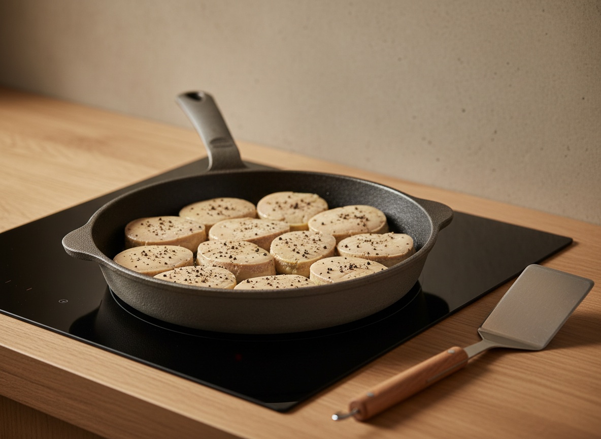 Escalopes de foie fríos sazonados con pimienta, listos para marcar.