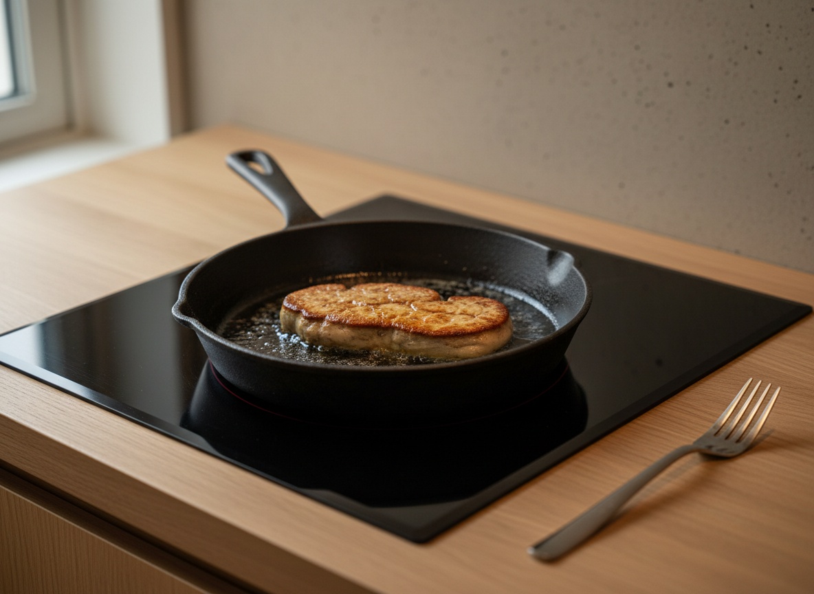 Escalope de foie marcándose en la sartén y formando costra dorada mientras suelta su grasa.