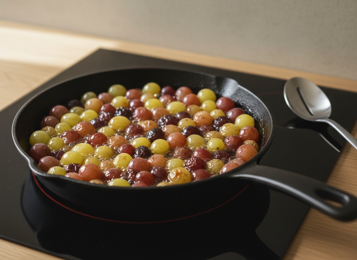 Uvas moscatel salteándose en la grasa del foie y empezando a reventar su piel.
