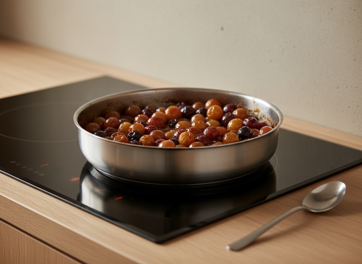 Salsa de uvas al moscatel reducida y glaseada, envolviendo las uvas enteras en la sartén.