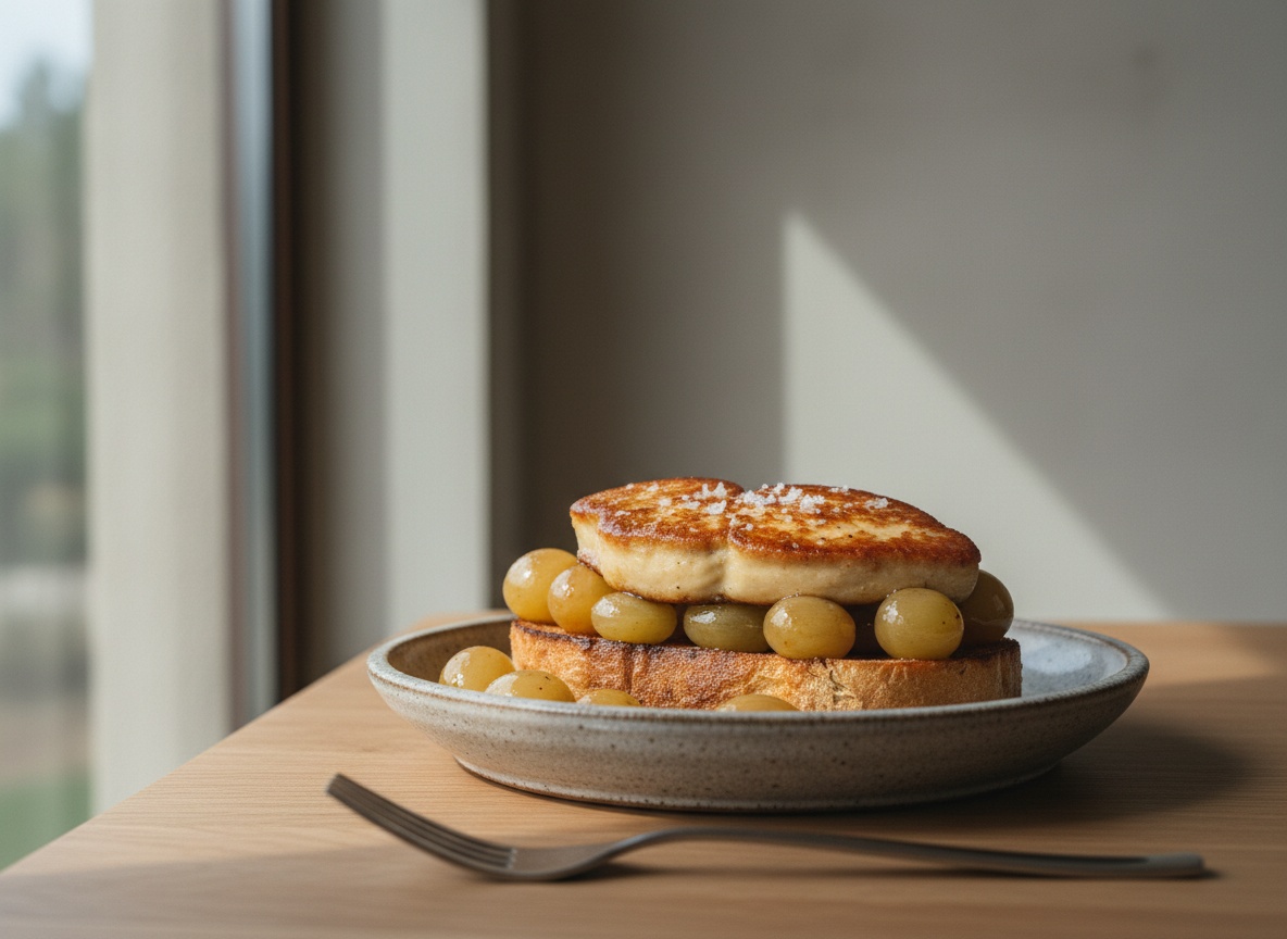 Escalope de foie dorado sobre una tostada, rodeado de uvas al moscatel glaseadas y brillantes, con escamas de sal, en plato de cerámica sobre mesa de roble con luz suave desde la izquierda.